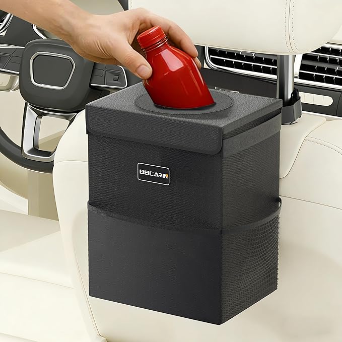 Beicarin Car Trash Can with Lid - Trash Bag Hanging with Storage Pockets Leak-Proof Organizer Collapsible and Portable Waterproof Garbage Bin, 2.2 Gallons Multipurpose Trash Bin for Car