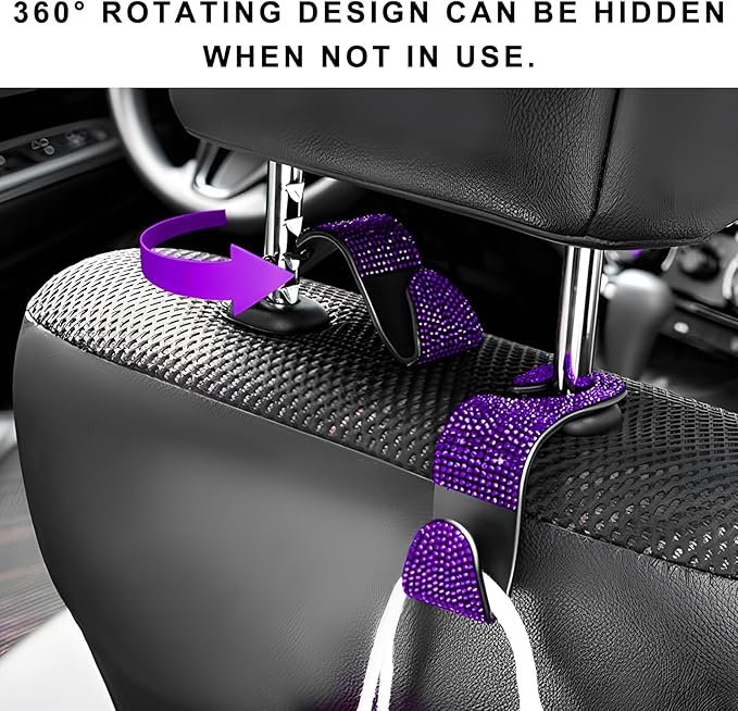 4 PCS Car Seat Headrest Hooks, Bling Crystal Rhinestone Back Seat Hanger Storage Organizer, Sparkly Seatback Holder Hooks for Purse and Bags Universal For Most Vehicles (Purple)