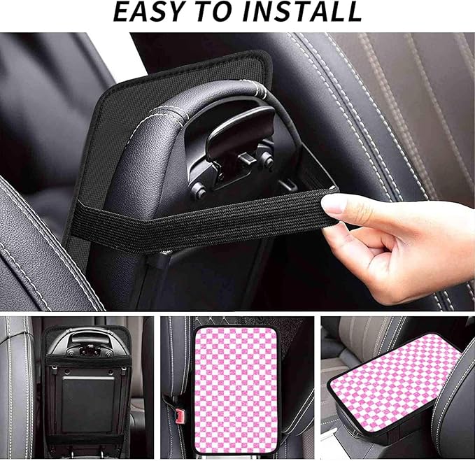 Glitter Pink White Checkered Chessboard Flag (2) Car Armrest Pad Cute Cars Center Console Cover Auto Handrail Box Cushion Armrests Cover
