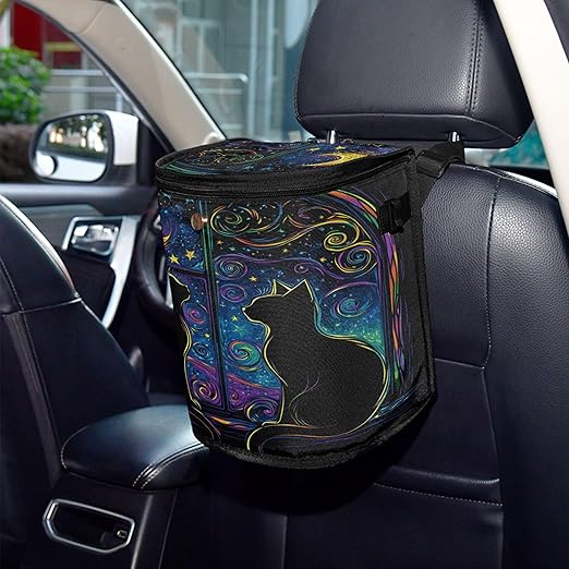MNSRUU Car Trash Can with Lid, Two Black Cats in A Window Car Trash Bag Hanging Organizers and Storage for Front Back Seat, Leak-Proof Trash Bin