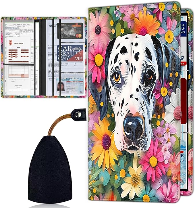 Car Registration Holder, Waterproof PU Leather Vehicle Card Document Glove Box Organizer, Women Interior Auto Accessories Case for Cards, Driver License Car Insurance Holder, Dalmatian Dog Floral