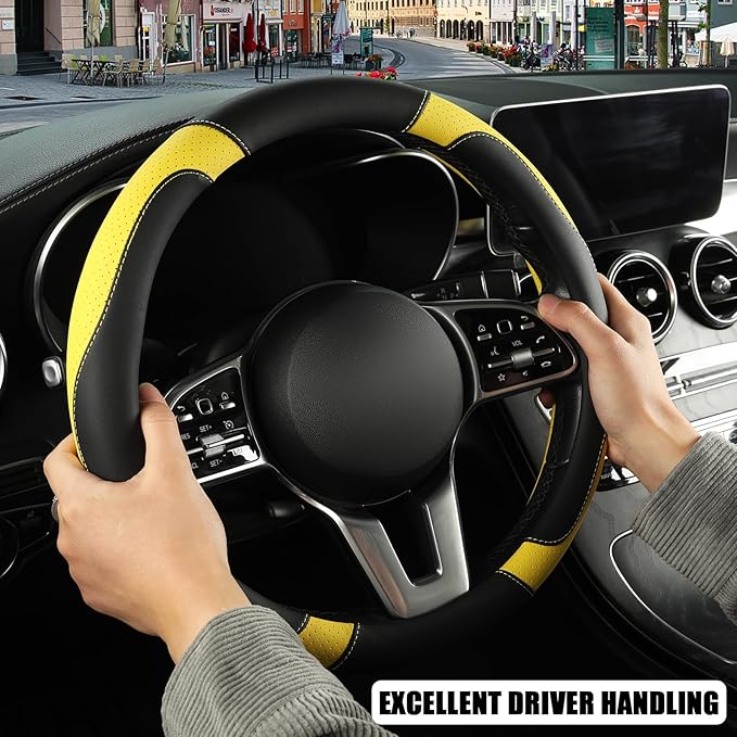 Binsheo Microfiber Leather Steering Wheel Cover Large for Ford F150 F250 F350 RAM 4Runner Tacoma Tundra Range Rover Model X Model S, Breathable, Anti Slip, 15.5 inch to 16 inch, Black with Yellow