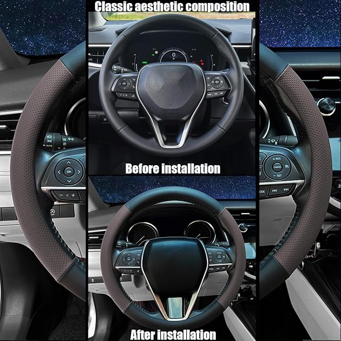 Mihecor Steering Wheel Cover Standard Size 14.5-15 inch, Non-Slip Car Wheel Cover Protector, Breathable Microfiber Leather, Black and Chocolate Brown
