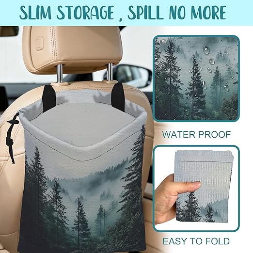 KXWQTRDD Car Garbage Bag Dark Green Misty Forest Hanging Canvas Car Trash Bag Drawstring Car Back Seat Organizer for Car Back Front Seat Console with Adjustable Buckle