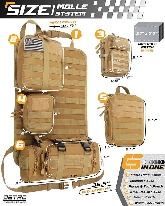 DBTAC Tactical Molle Car Seat Organizer | Vehicle Back Panel with 5X Detachable Pouches, US Flag & Writable Reflective Patch for Cars, Trucks, SUVs, Sedans