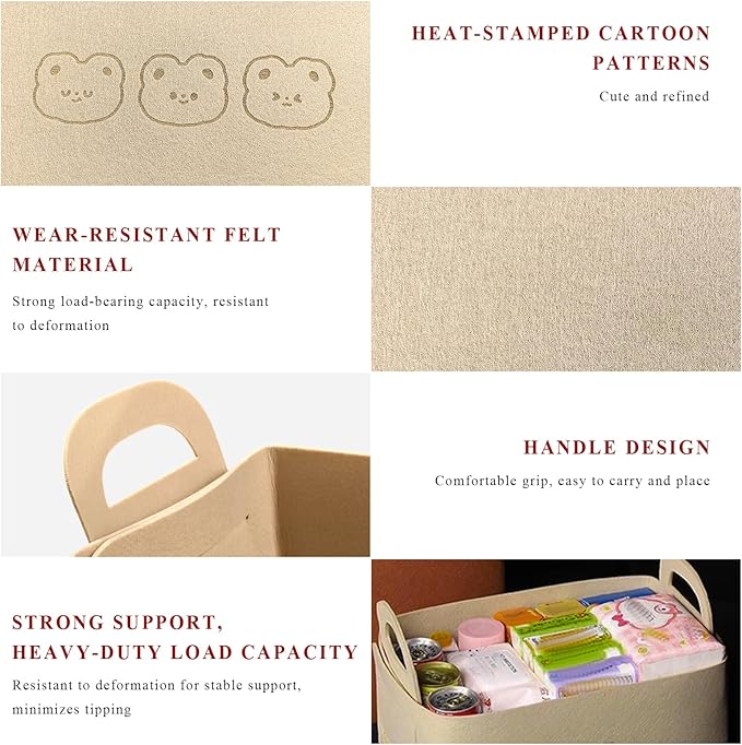 Car Trunk Organizer, Foldable Felt Basket Lightweight Storage Bin with Handles, Large Capacity Flexible Storage Bag Multipurpose Organizer for Vehicle Trunk & Backseat (Beige, 3 Bears)