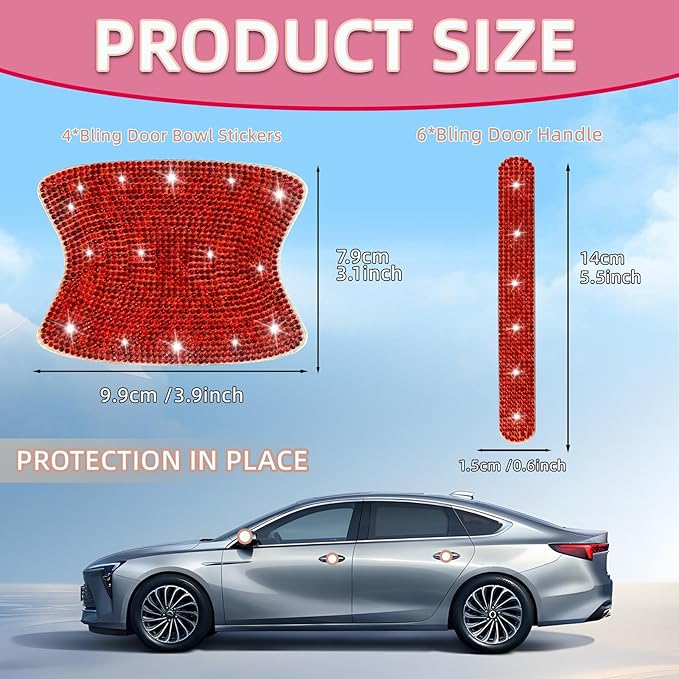 10 pcs Bling Diamond Car Door Handle Stickers, Bling Car Accessories for Women, Universal Rhinestone Crystal Glitter Door Handle Protector Stickers and Decals, Scratch Safety Reflective (Red)