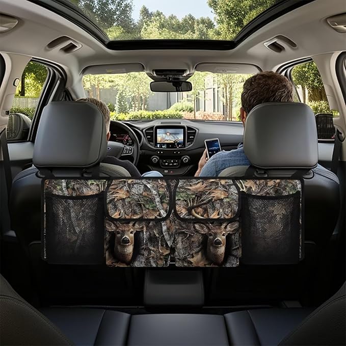 Camo Hunting Deer Car Trunk Organizer, Backseat Hanging Large Storage with Adjustable Straps & 4 Pockets, Waterproof Collapsible Cargo Bag, Car Interior Accessories for SUV, Truck, Van