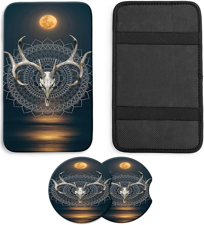 JANENFNA Car Armrest Cover Pads Universal Fashion Cute Auto Center Console Armrest Cover Pad with 2PCS Car Coasters Soft Waterproof Car Armrest Seat Protector for Women,Deer Buck Skull
