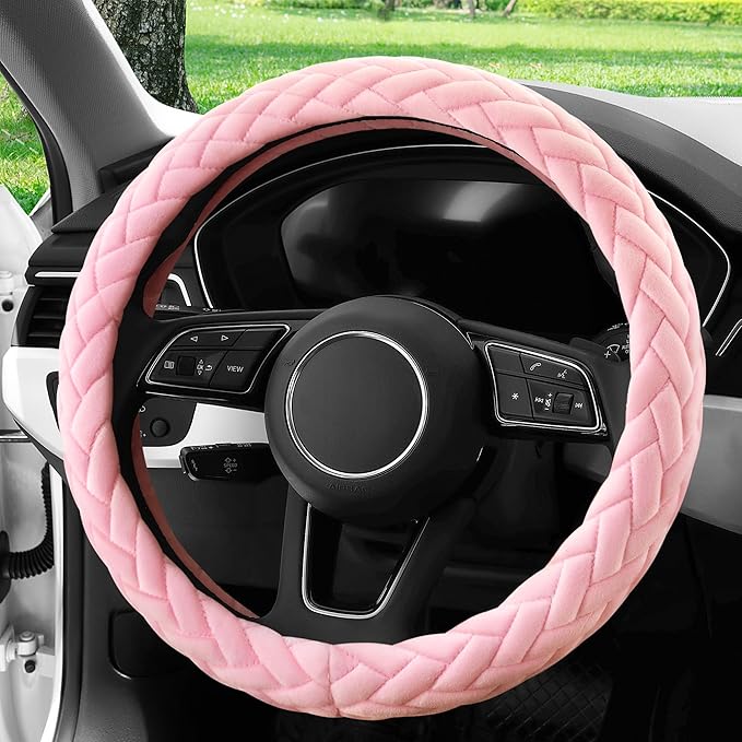 Soft Velvet Steering Wheel Cover Cute Hands Warm Fuzzy, Universal 15 Inch for Women Girls, Fit Vehicles, Sedans, SUVs, Vans, Trucks - Light Pink