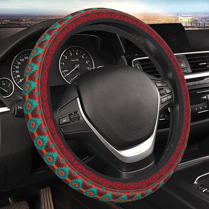Red Southwestern Steering Wheel Cover for Women Men Girls, Universal 15 Inch Anti Slip Steering Wheel Protector Car Accessories Interior for Auto Truck SUV