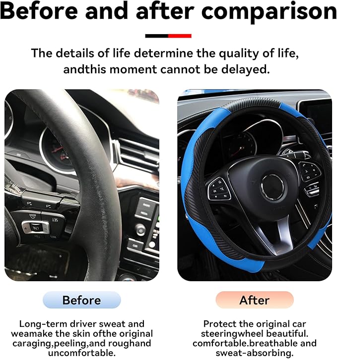Car Steering Wheel Cover, 15 inch Carbon Fiber Microfiber PU Leather Elastic Steering Wheel Protector for Men Women, Anti-Slip Breathable Car Interior Accessories for Most Cars (Blue)