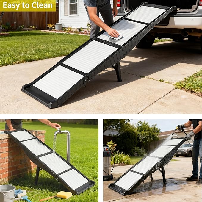 BAQTALE Foldable Dog Ramp for Cars 8 Adjustable Heights with Support Leg, Non-Slip Surface, Portable Pet Ramp for Small, Medium & Large Dogs up to 220lb, Carry-on Size Outdoor Ramp