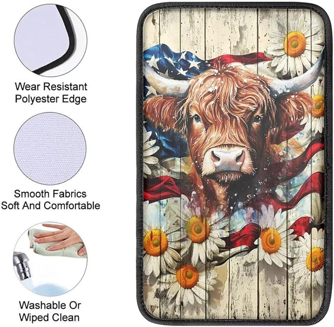 Suobstales Highland Cattle Daisy Print Car Armrest Pad Wood American Flag Design Soft Center Console Arm Rest Protector Cover Universal Car Interior Accessories Decoration