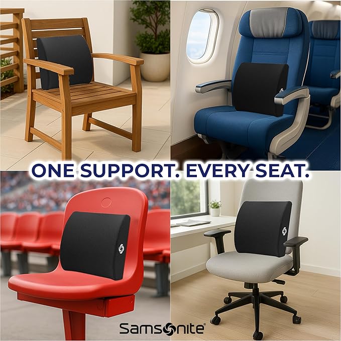 Samsonite Ergonomic Lumbar Pillow for Office Chair and Car Seat - Memory Foam Back Support Lumbar Pillow, Premium Cushion Chair Support for Lower Back Pain Relief and Versatile Use (Black)