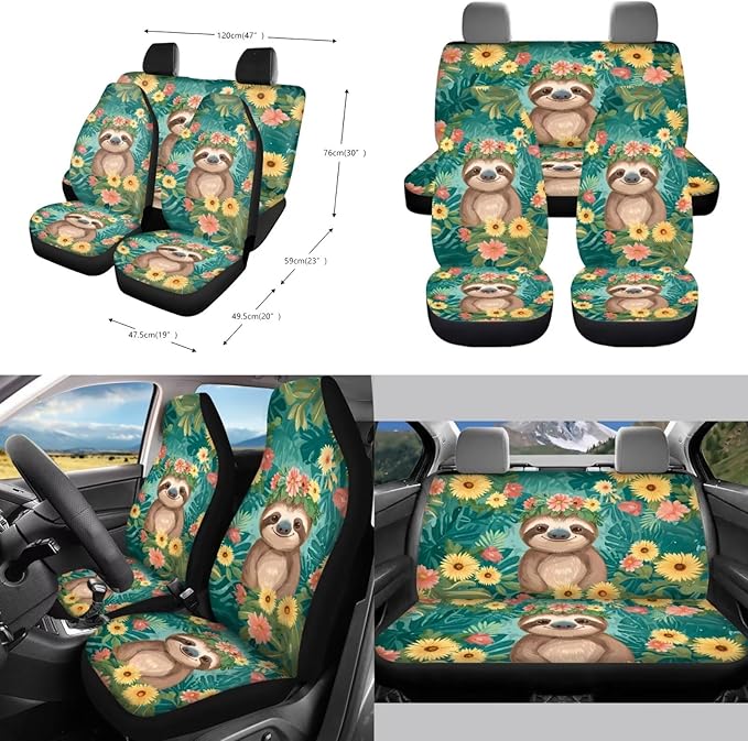 10 Pieces Car Seat Cover Full Sets, Sloth Flower Print Car Front Bucket Seat Protectors with Split Bench Back Seat Covers, Steering Wheel Protector, Coaster, Trash Can, Air Vent Storage Bag