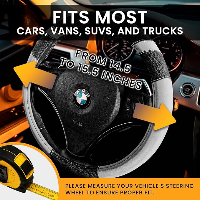 Gorla Gear Gray Leather Neoprene Steering Wheel Cover Women Men, Easy Fast Installation, Grey Universal Fit 14.5 15 15.5 Inch, Anti-Slip Safer Grip Car Accessories for Automobile Truck SUV Van