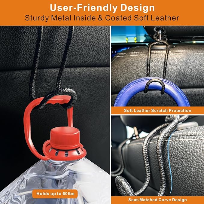 Car Headrest Hooks for Purse and Bag - 2 Pack Car Seat Hooks for Grocery Handbag, Car Interior Accessories for Men Women, Heavy-Duty Metal Car Purse Holder Covered by Leather - Black Leather/2L