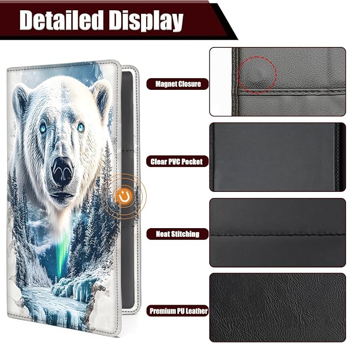 Car Document Holder with Magnetic Shut, Car Registration and Insurance Card Holder, Vehicle Glove Box Organizer Documents, Driver License, Auto Paperwork Organizer Wallet, Polar Bear In Winter Pattern