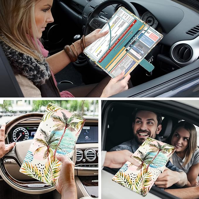 DMLuna Car Registration and Insurance Holder, Leather Vehicle Card Document Glove Box Organizer, Auto Truck Compartment Accessories for Essential Information, Driver License Cards, Coconut Tree