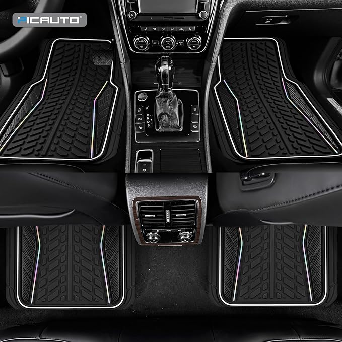 PIC AUTO Car Floor Mats, Black Aluminum-Molded with Full-Circle Iridescent Inlay Strip Car Mats, Universal-Fit Rubber Mats for Cars, Trucks & SUVs, All-Weather, Non-Slip, Easy-to-Clean Interior Mats