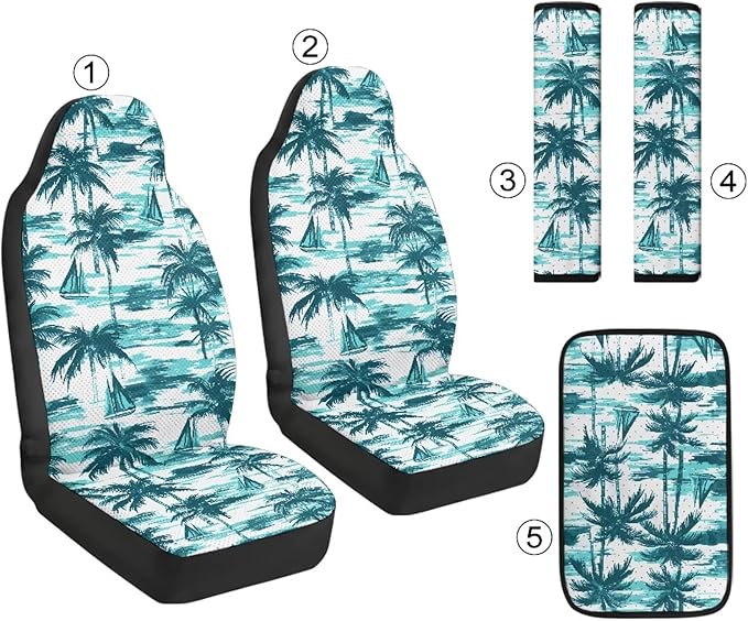 Qeluxign Car Seat Cover Set with Armrest Cover Cushion PU Automotive Car Cover and Seat Belt Shoulder Straps Pad, Universal Fit for Truck Sedan SUV, Pack of 5,Turquoise Palm Tree Sailboat
