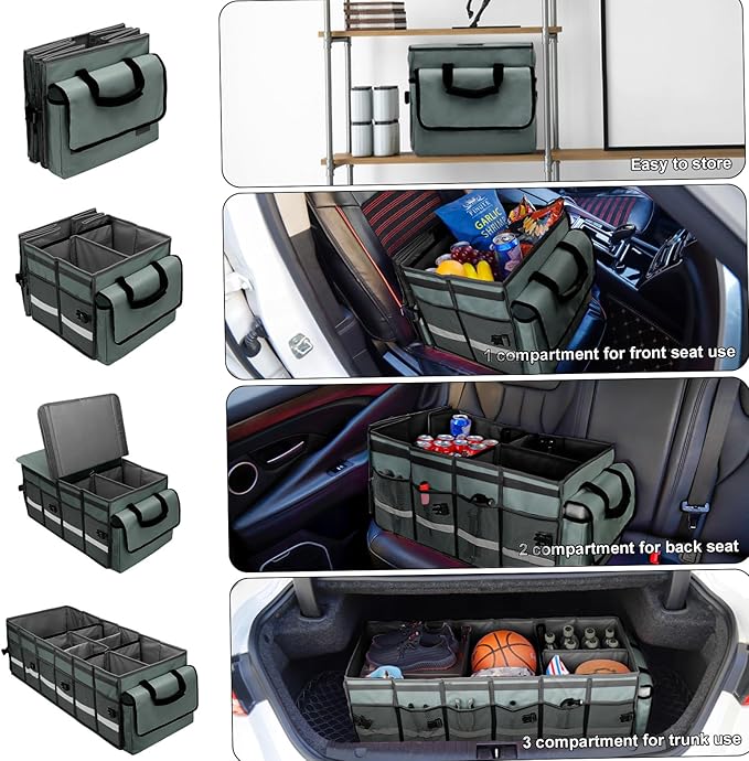 GDNasist Car Trunk Organizer and Storage with Removable Leakproof Cooler Bag, 6 Removable Dividers for Custom Space, Collapsible Trunk Storage with Non Slip Bottom, Foldable Cover for SUV, Jeep, MPVs