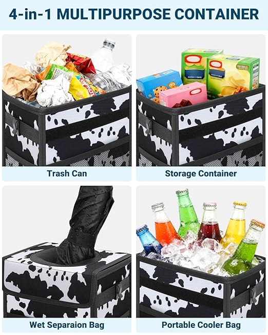 Capolo Car Trash Can with Lid, Leakproof Car Trash Bag Hanging Waterproof Automotive Garbage Can with Storage Pockets Mini Vehicle Trash Bin for Back/Front Seat(Cow Print,3 Gallon)