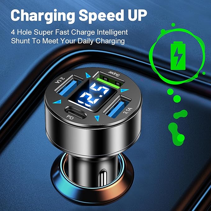 Fast Car Charger,4 Ports Cigarette Lighter USB Charger with LED Voltmeter,PD3.1/Super Port Car Charger Adapter Fast Charging,Compatible with iPhone/Android/Samsung Galaxy (PD/Super)