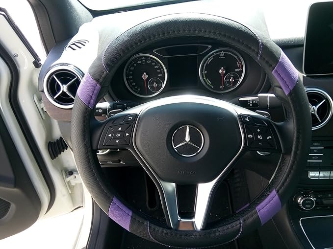 Jdragon Black & Purple PU Leather Best Grip Slip-On Steering Wheel Cover 14.25-15" Diameter