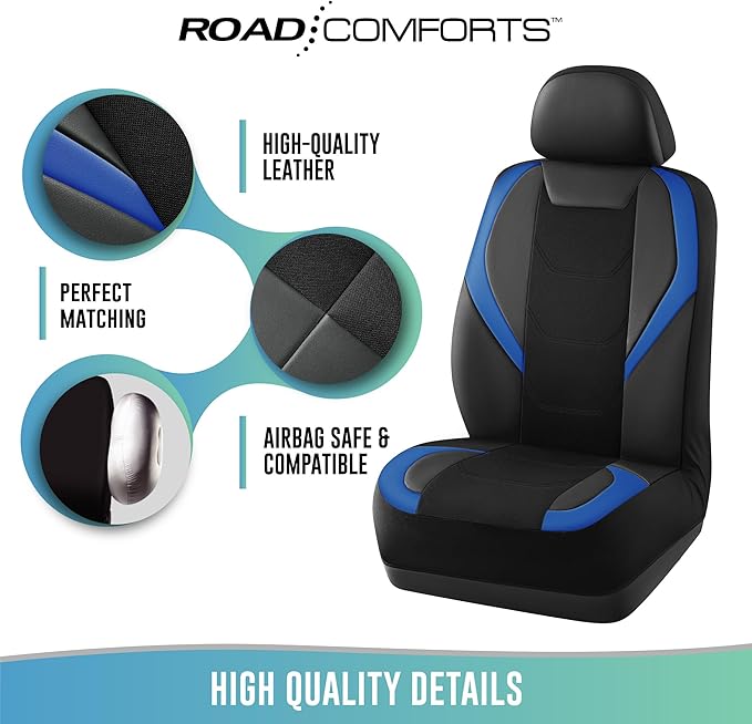 Road Comforts Car Seat Cover, Leather Mesh Front Seat Cover, Universal Fit for Most Cars, SUVs, Trucks, and Vans, Airbag Compatible - Blue