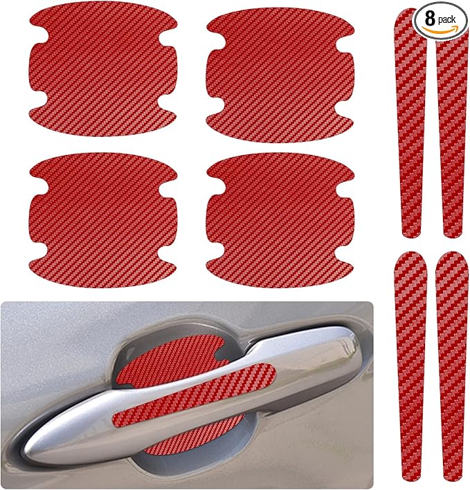 8PCS Car Door Handle Scratch Protector, Car Door Handle Sticker, Carbon Fiber Auto Doors Handles Paint Guard Cover, Waterproof Auto Paint Guard Protective Films Fit for Most Vehicles (Red)
