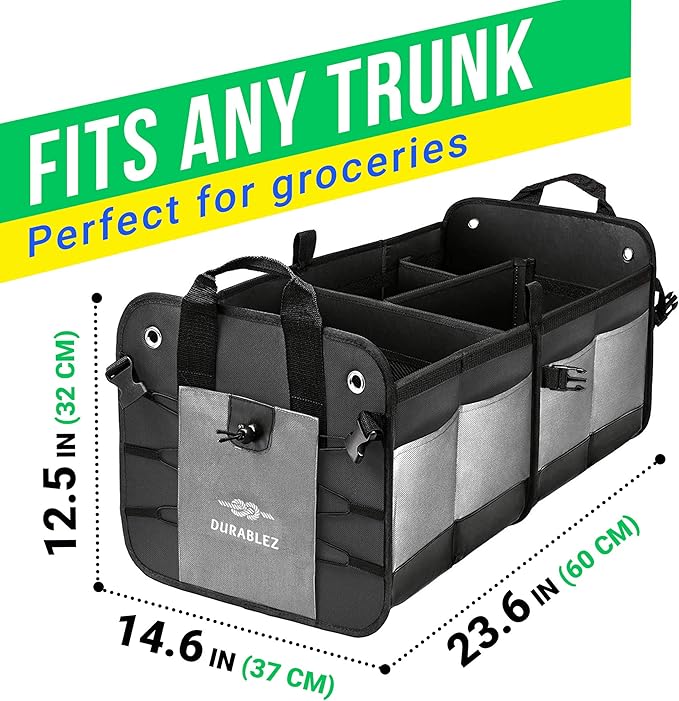 DURABLEZ Compact Car Trunk Organizer 2-Section – Grocery, Tools, Cleaning Supplies Storage – Foldable Dual-Compartment Cargo Bin with Cover Net – Gray