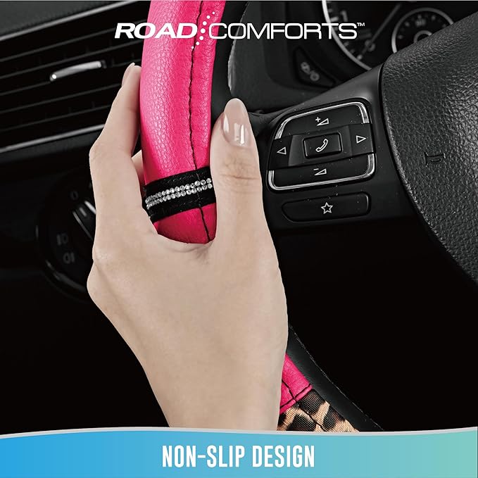 Road Comforts Leopard Steering Wheel Cover - Made with PVC Leather Cheetah Print - Anti-Slip, Universal Fit 14 1/2 inches to 15 inches - Hot Pink