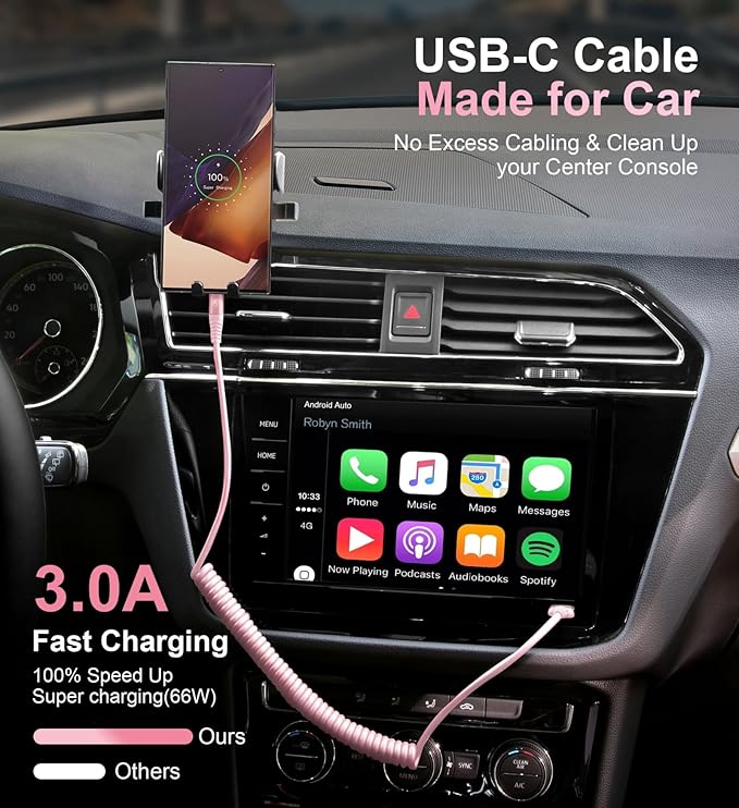 USB C Cable Fast Charging Cable [3FT+6FT], Coiled USBA to USBC Cable for Car, USB C Cord iPhone USB-C Cable Compatible with iPhone 17 16 15 Pro Max,Samsung Galaxy S10 S9 and More-Pink