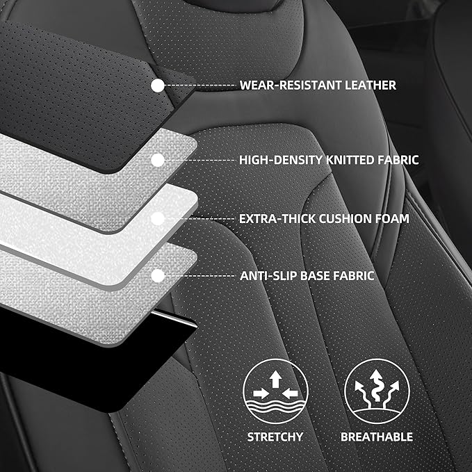 OURPLOT Custom Fit Seat Covers for 2020-2024 Tesla Model Y (5-Seater), Waterproof Nappa Leather, OEM Factory Style Full Set Car Seat Protectors Airbag Compatible - Black