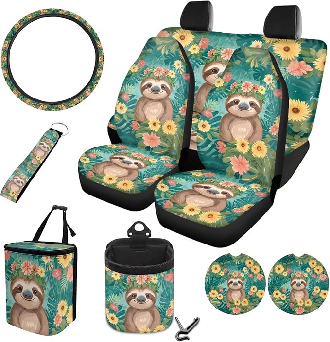 10 Pieces Car Seat Cover Full Sets, Sloth Flower Print Car Front Bucket Seat Protectors with Split Bench Back Seat Covers, Steering Wheel Protector, Coaster, Trash Can, Air Vent Storage Bag