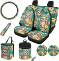 10 Pieces Car Seat Cover Full Sets, Sloth Flower Print Car Front Bucket Seat Protectors with Split Bench Back Seat Covers, Steering Wheel Protector, Coaster, Trash Can, Air Vent Storage Bag