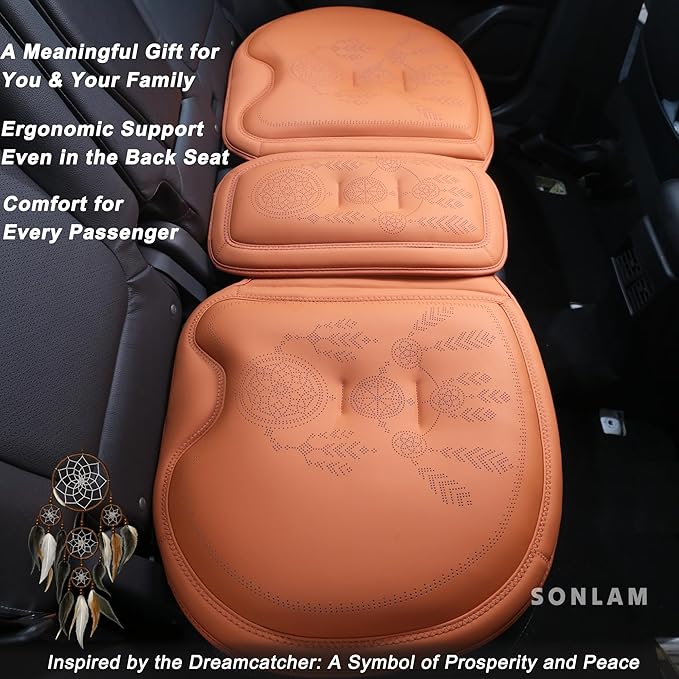 Comfort Dreamcatcher Car Seat Cushion Non-Slip - Relaxing, Optimal Support & Posture for Long Drive (Full Set (Cognac Brown))