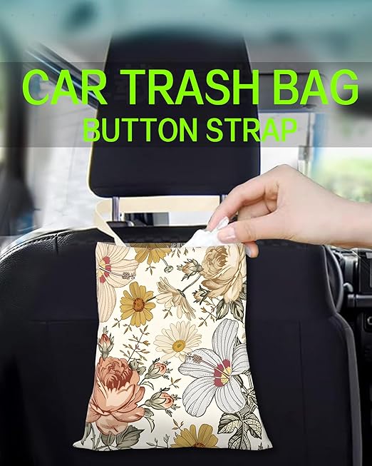 ANKVRP Car Trash Can, Durable Hanging Car Trash Garbage Bag, Cute Automotive Garbage Cans Organizer, Retro White Flowers
