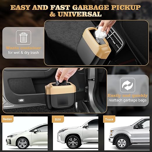 2 Packs Car Trash Can with Lid，Built-in Storage Garbage Bag，Leakproof Vehicle Trash，Car Accessories for Interior,Mini Garbage Bin for Automotive, Office, Kitchen,Bedroom，with 60pcs Trash Bags