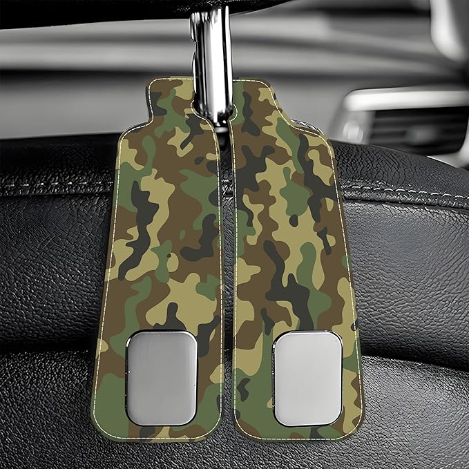 Camouflage Car Headrest Purse Hanger Camo Hunting Forest 1 Pack Bag Purse Holder for Car Premium Leather Double Metal Hook for Handbags, Grocery Bags and Phones