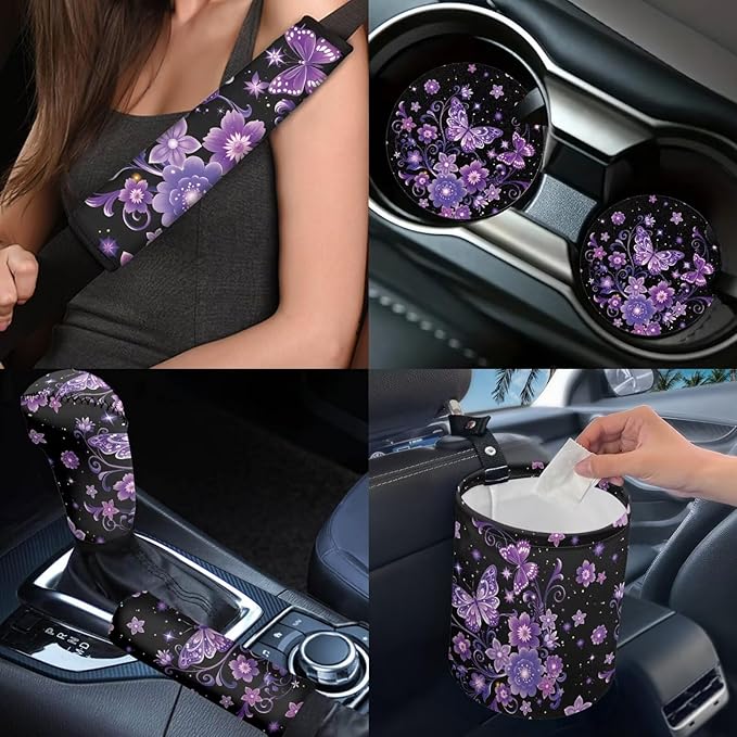 Dngkaoje Purple Butterfly Car Seat Covers Full Set 13 Pack Neon Purple Butterfly Car Accessories Set with Steering Wheel Covers,Universal Collapsible Garbage Bin,Cup Holders,Armrest Cushion Pad