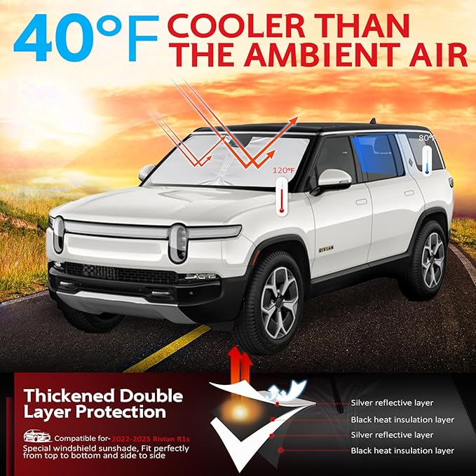 KAYZT Windshield Sun Shade for 2022-2025 2026 Rivian R1S Foldable Sunshade Front Window Custom Fit Car Accessories