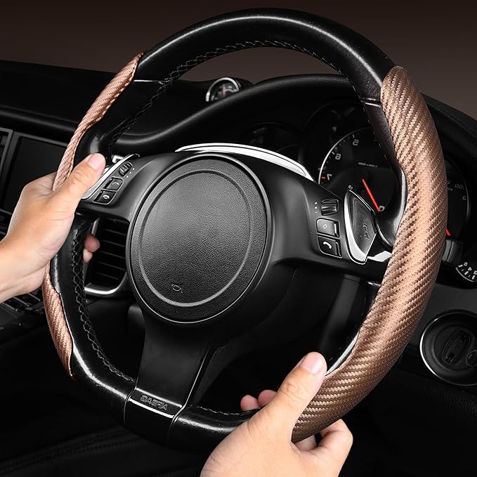 CAR PASS Carbon Fiber Steering Wheel Cover, Segmented Wheel Protector Non-Slip Sporty Car Accessories, Universal Fit for D-Shape O-Shape 14.5" to 16" Steering Wheels for Men Women, 2pcs Brown Carbon