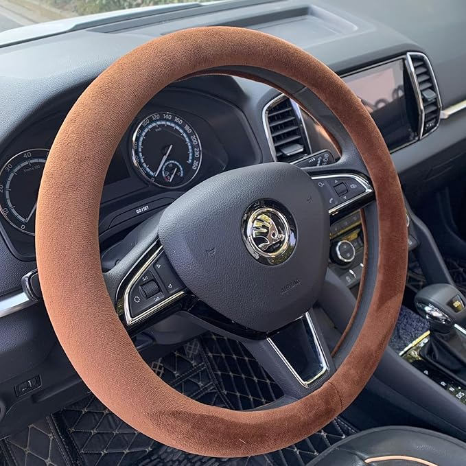 Fluffy Steering Wheel Cover, Short Plush Auto Accessories for Men and Women with Inner Ring Universal 15 Inch (Brown)