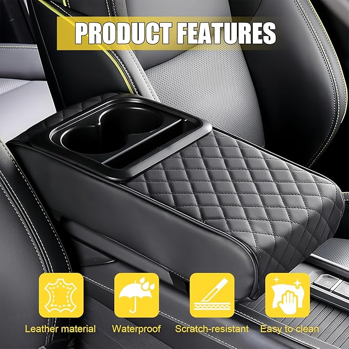 Leather Car Armrest Cup Holder Cushion, Memory Foam Car Arm Rest Cushion with Cup Holder & Phone Storage, Waterproof Ergonomic Armrest Box, 13.78" x 7.78" (Black)