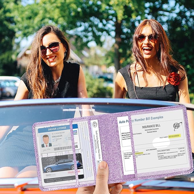 DMLuna Car Registration and Insurance Holder, Folio Leather Vehicle Card Document Glove Box Organizer, Driver License Cards, Glitter Purple