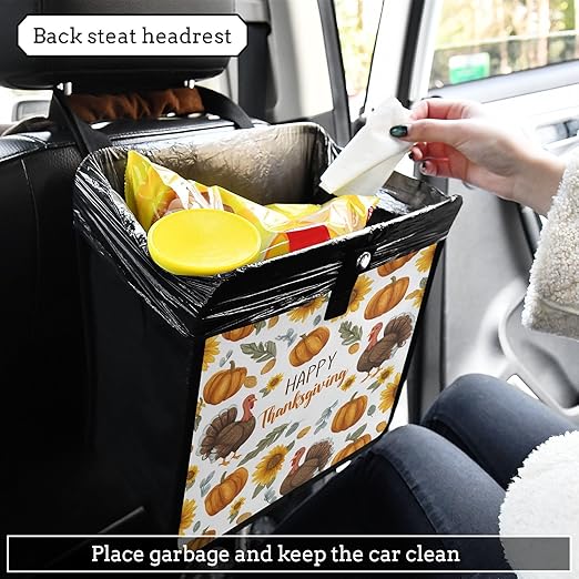 Car Trash Can Organizer Bin with Adjustable Strap for Back Front Seat Console Waterproof Leakproof Collapsible Portable 11 Inch Thanksgiving Turkeys Sunflowers White