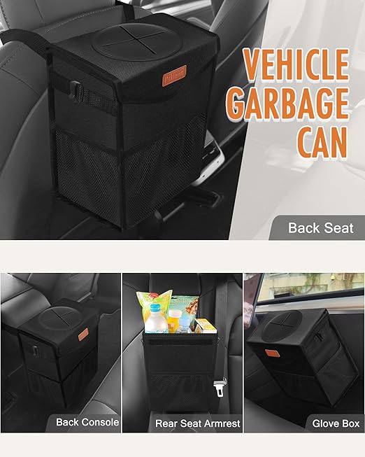Car Trash Can with Lid, Cute Leakproof Car Trash Garbage Bag Hanging Vehicle Trash Bin Small Portable Automotive Garbage Cans Organizer for Back/Front Seat(4 Gallons,Black)